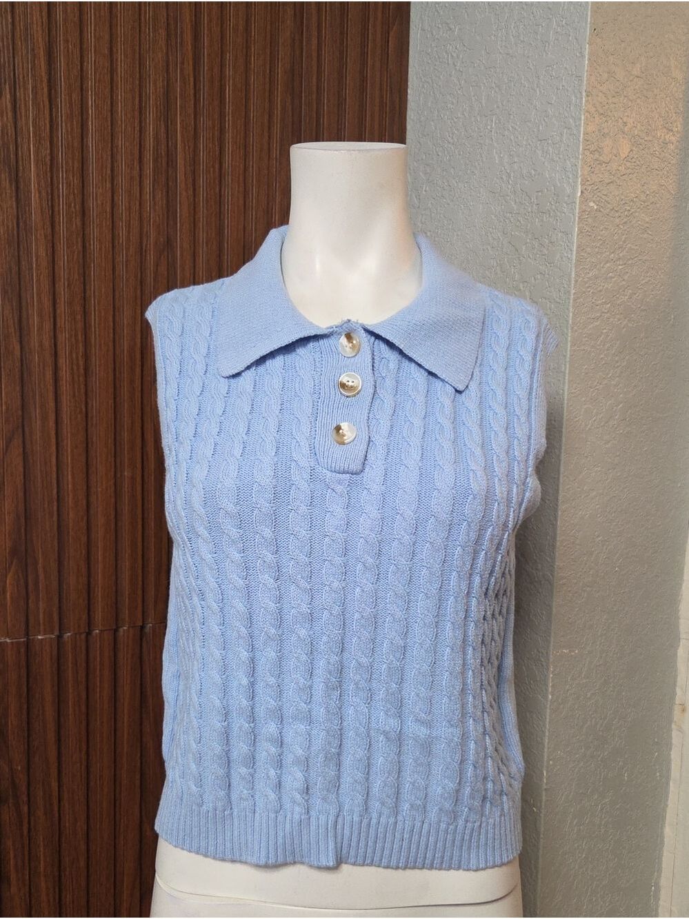 Y2K Pastel Light Blue Cable Knit Sleeveless Polo Sweater Vest Size Xlarge [1945]